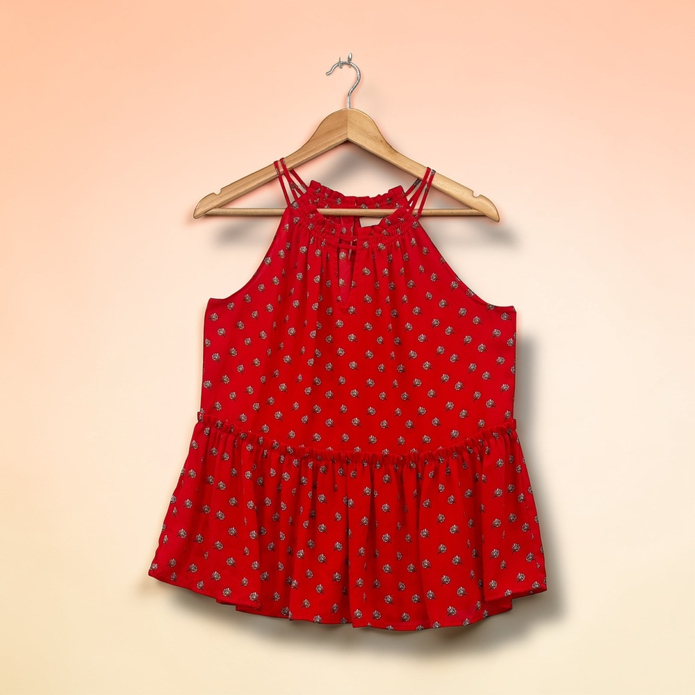 LOFT Floral Peplum Flowy Strappy Halter Top Red Size M